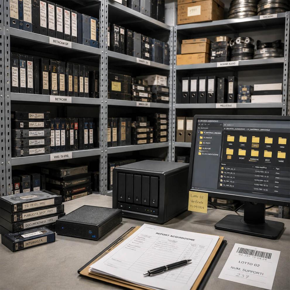 Archivio audiovisivo con nastri e materiali catalogati Archivio audiovisivo con nastri, videocassette e materiali catalogati
